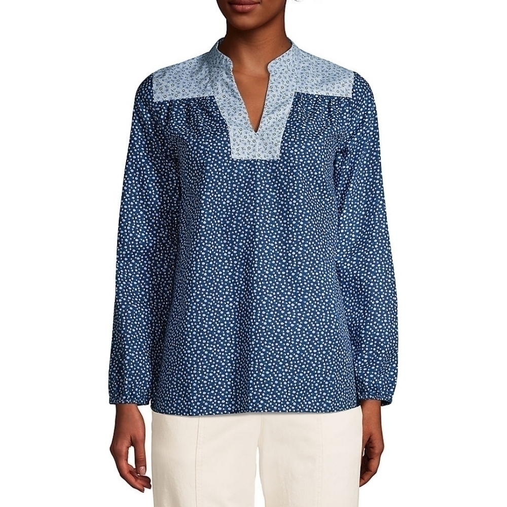 Women's Cotton Poplin Peasant Shirt Deep Sea Navy Dot Star Floral Top